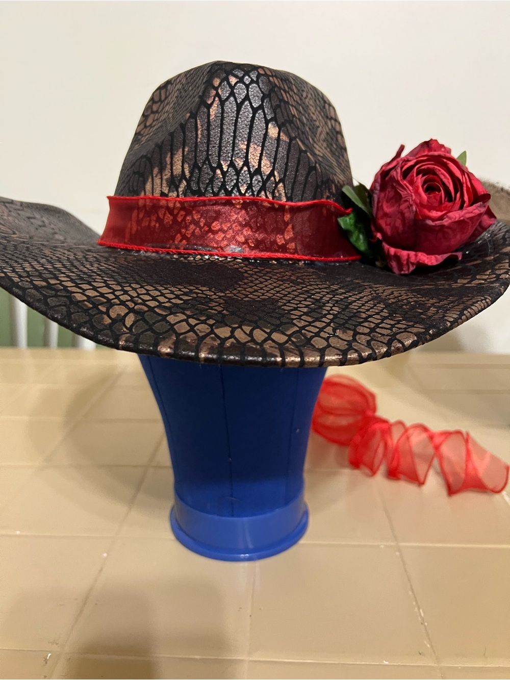 Women's Black Snakeskin Fedora with Red Rose Accent